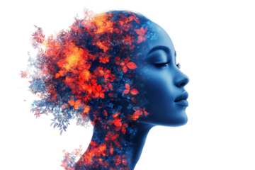 A serene profile of a woman with a vibrant blend of colors and floral elements representing creativity and emotional depth.