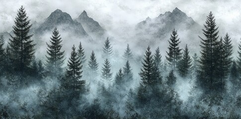 Misty Forest Canopy, Aerial view of a dark green and gray forest shrouded in fog, tall trees create an eerie atmosphere, showcasing the vastness and beauty of nature.