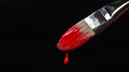 Minimalist Paintbrush with Red Paint Droplet Against Black Background