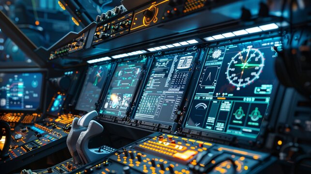 Detailed view of a high tech aircraft cockpit featuring an array of advanced digital displays navigation controls and flight instrumentation for modern aviation and aerospace