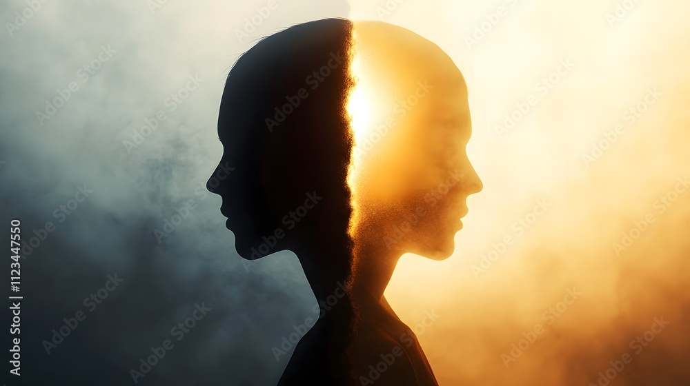 Poster duality of human emotion: a captivating silhouette portrait representing the interplay between light