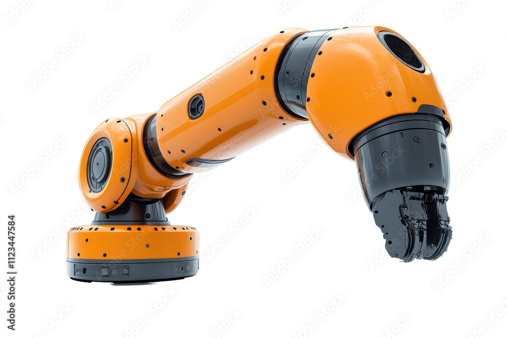 Poster a sleek orange industrial robotic arm on a white isolated background, showcasing advanced engineerin
