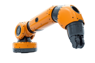 A sleek orange industrial robotic arm on a white isolated background, showcasing advanced engineering and automation technology.