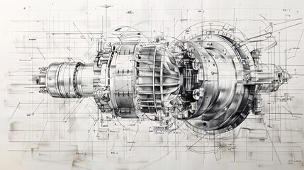 Highly detailed and technical cutaway diagram or schematic blueprint of the inner workings and components of a powerful turbine engine or jet engine