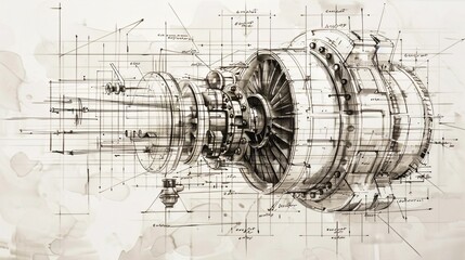 Intricate mechanical engineering diagram showcasing the complex blueprint design of a jet engine turbine featuring advanced power technology and futuristic industrial machinery