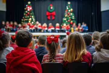 Backview of Children watching a school Christmas performance with a lit tree