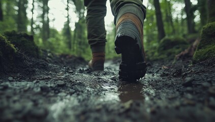 Muddy Forest Trekking: A Close-Up of Boots on a Trail