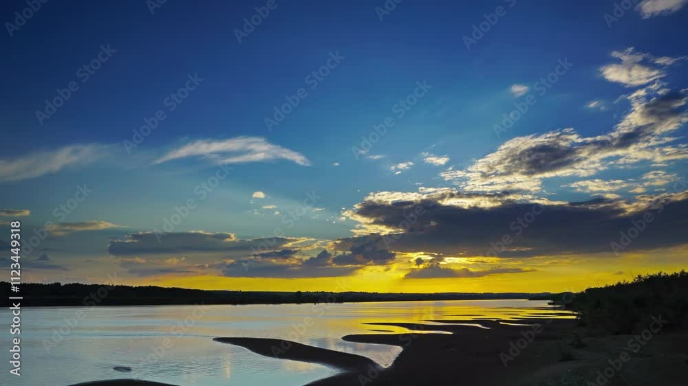 Wall mural landscape with river sunset and clouds, timelapse. 4k