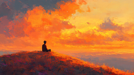 Obraz premium A figure reflecting on life while sitting on a hill, illuminated by the warm glow of the sunset.