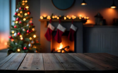 Blurred Christmas tree and fireplace background on empty wooden tabletop, ideal for showcasing holiday season products
