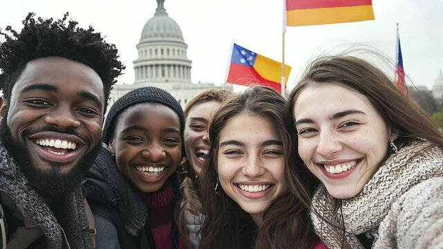 Group of International Students Taking Selfie at Landmark Monument