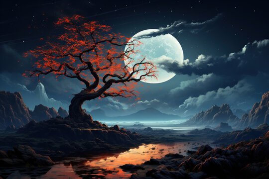 tree growing on stones against the backdrop of the moon, beautiful fantastic landscape