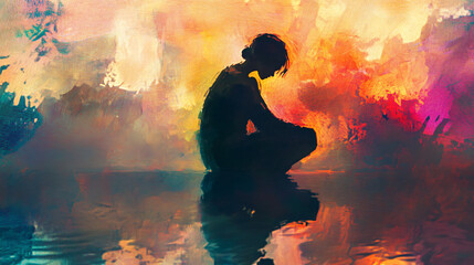 A figure reflecting while painting, using colors to explore and express deep feelings and thoughts.