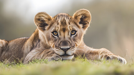 Obraz premium A lion cub playfully staring at the camera with curious wide amber eyes.