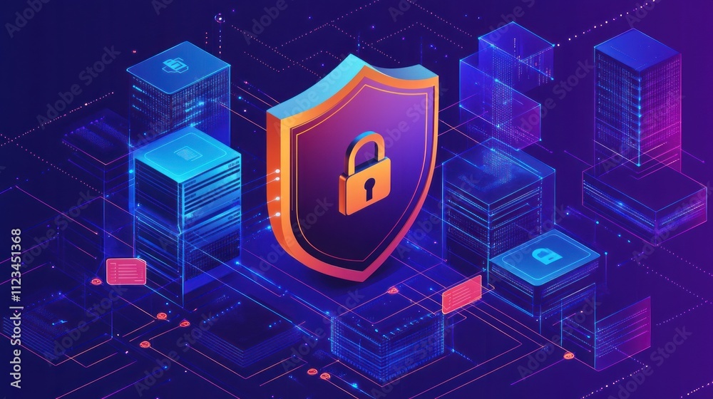 Poster digital security concept with shield and servers