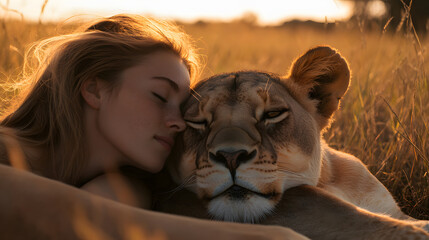 A lioness lying protectively beside a young woman as they both gaze into the horizon.