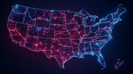 A vibrant, digital map of the United States illuminated with blue and red lights, representing data points or connectivity across the nation.