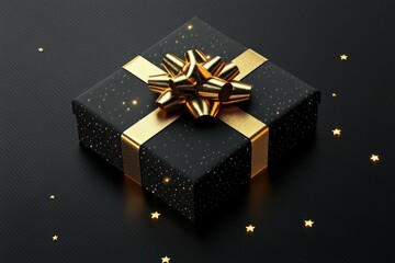 A luxurious black rectangular gift box with a bold gold bow and intricate detailing, glowing under warm studio lighting on a transparent background