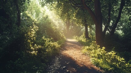 Obraz premium Enchanting Forest Trail, a winding path through a lush woodland, sunlight dances through the canopy, beckoning explorers and outdoor enthusiasts to experience nature's beauty.