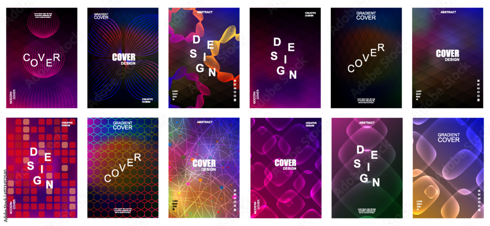 Poster modern gradient cover background design set. cover card. vibrant 3d geometric shapes compositions. b