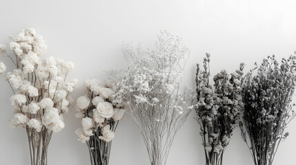 Fototapeta premium Elegant Display of Monochromatic Dried Flowers in Bunches for Minimalist Home Decor