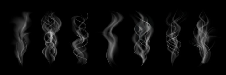 Obraz premium Smoke steam clouds isolated on black background, hot vapor swirls, light smoky trail, fog and mist effect. Set smoke steam, waves from tea, coffee, hot food, cigarettes