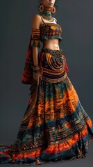 Fototapeta premium Stunning model wearing vibrant tribal inspired fashion in a colorful ethnic style dress with bold patterns and textiles
