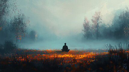 Fototapeta premium A figure sits quietly in a foggy field, reflecting on their past and the paths they have taken.