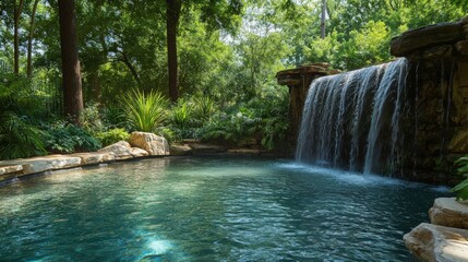 Naklejka premium Serene Waterfall Oasis, a tranquil cascade flows into a crystal-clear pool, embraced by vibrant foliage, offering a rejuvenating escape into nature’s beauty.