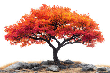 Fototapeta premium A vibrant orange and red autumn tree stands gracefully on a rocky terrain, showcasing the beauty of nature's seasonal change against a white background.