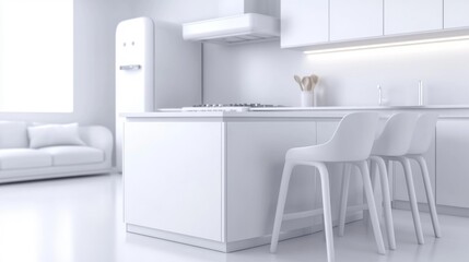 3D rendering of a modern minimalist kitchen interior with island and white cabinets. Generative AI