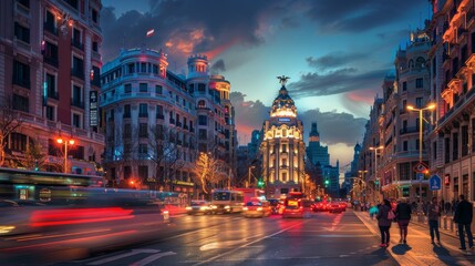 Naklejka premium Vibrant nighttime city center a lively scene of illuminated streets and busy urban life