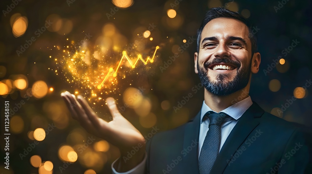 Aufkleber Confident Businessman Creating Growth With Sparkling Graphs In His Hand Against A Glowing Background That Symbolizes Success And Prosperity In The Financial Sector