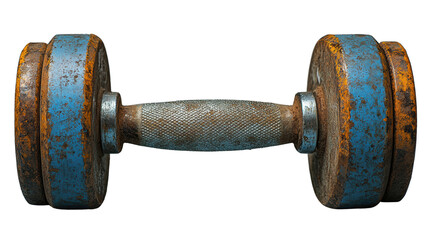 Fototapeta premium A vintage, rusty dumbbell with blue ends isolated on a white background. Perfect for fitness, weightlifting, or gym-related projects.