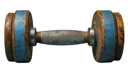 A vintage, rusty dumbbell with blue ends isolated on a white background. Perfect for fitness, weightlifting, or gym-related projects.