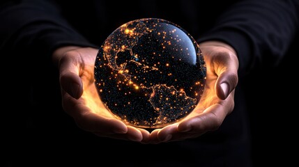 Futuristic Global Connectivity: Hands Holding Digital Globe with Data and Holographic Elements