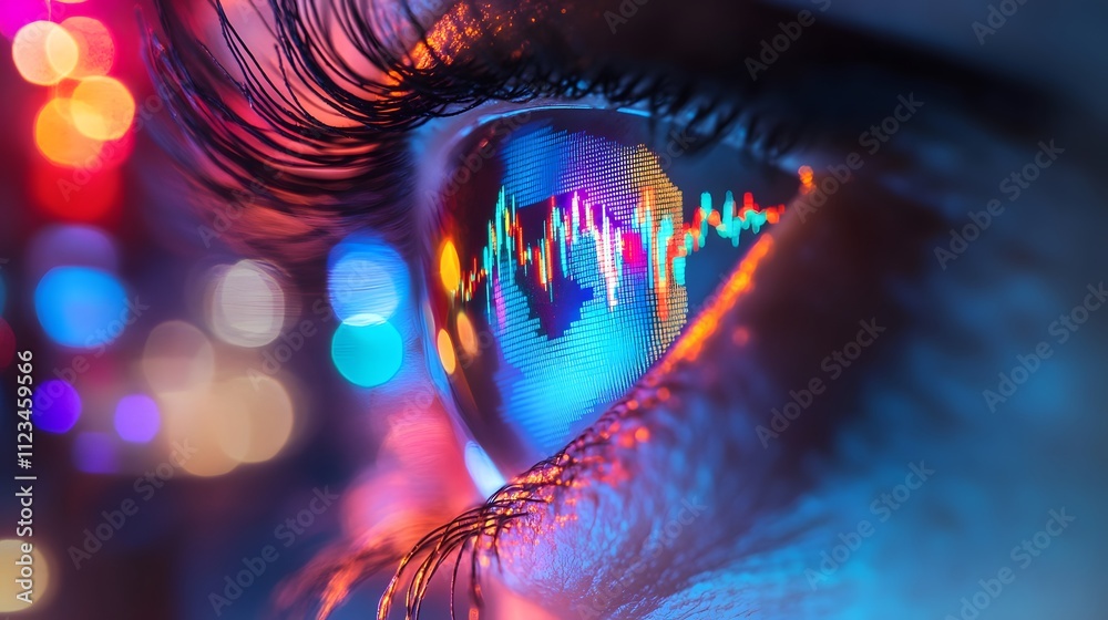 Poster Close-Up View of an Eye Reflecting Colorful Sound Waves and Vibrant Light Bokeh, Conveying Concepts of Vision, Technology, and Data Analysis in Modern Media