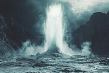 A geyser erupting violently, with steam and water shooting into the air against a scenic volcanic backdrop