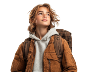 A young adventurer with tousled hair, wearing a cozy hoodie and an outdoor jacket, stands with a backpack, gazing thoughtfully into the distance.