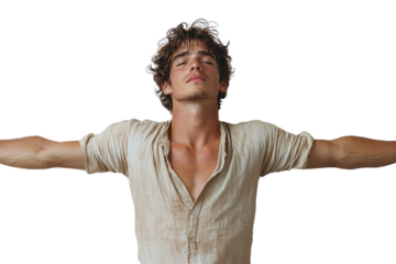 A young man standing confidently with arms outstretched, conveying a sense of freedom and openness. Perfect for themes of self-expression and empowerment.