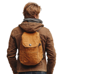 A young man with a backpack stands against a white background, demonstrating a casual and adventurous lifestyle that invites exploration.
