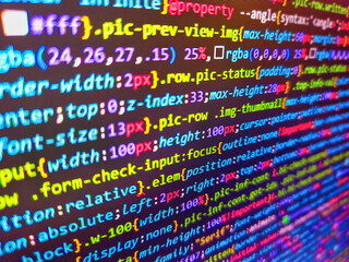 Developer work. Software developer coding screen. Technology display. Code on monitor. Software background. Data encryption security code on a computer display. Datacenter backup. 1100101 blau.