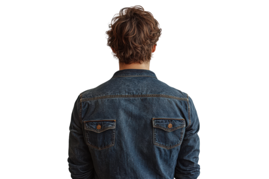 A young man viewed from the back wearing a denim jacket, conveying a sense of contemplation or reflection against a white isolated background. - Powered by Adobe