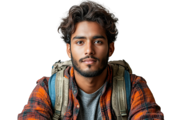 A young man with curly hair and a backpack, displaying a confident expression. Ideal for travel, adventure, and lifestyle themes.