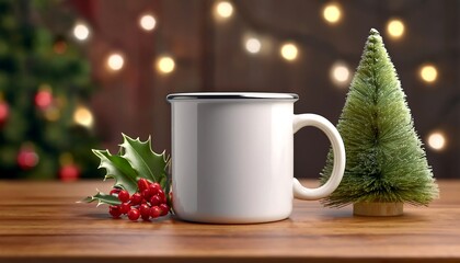 Fototapeta premium Minimalistic enamel mug on wooden table with festive decor for holiday celebration. Generative AI