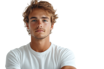 A young man with tousled blonde hair and blue eyes, wearing a plain white t-shirt, poses confidently with arms crossed in a relaxed manner.