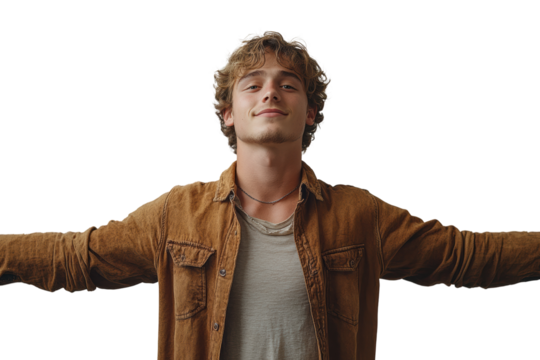 A young man with curly hair stands confidently with arms outstretched, smiling at the camera. A relaxed and positive portrayal of self-expression.