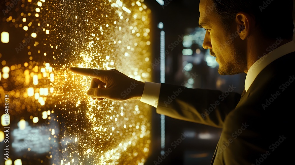 Aufkleber businessman interacting with digital data visualization in a modern office, illuminated by golden pa