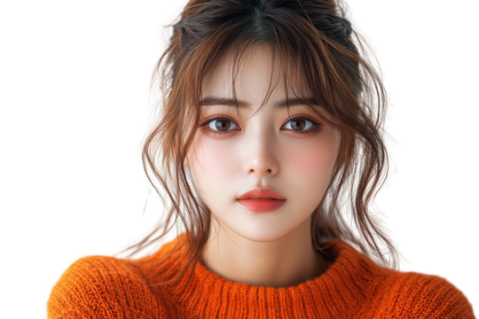 A young woman with beautiful features and soft makeup, wearing an orange sweater, gazes thoughtfully, set against a white isolated background.