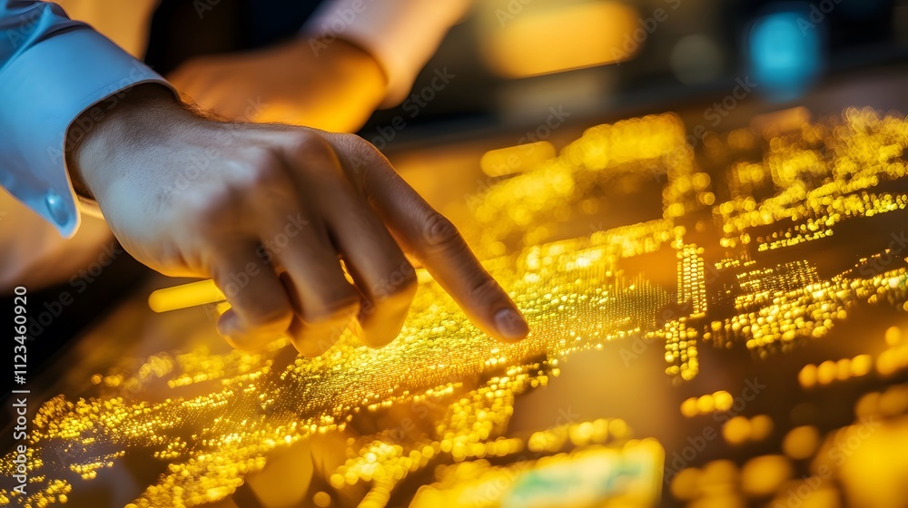 Aufkleber Close-Up View of Businessman's Hand Interacting with Digital Touchscreen Interface Displaying Golden Data Visualization and Urban Map Elements at Night